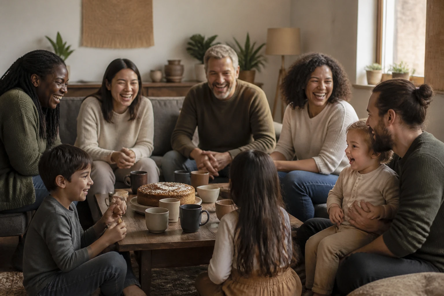 Grupo diverso de adultos e crianças rindo juntos ao redor de uma mesa de café com luz natural quente