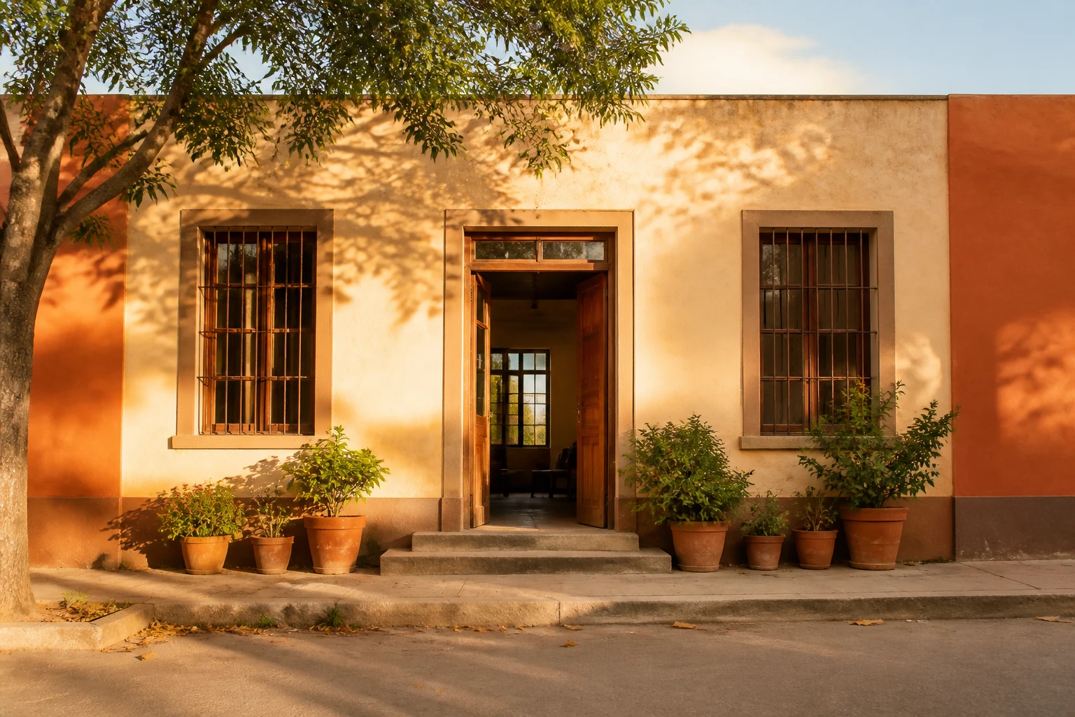 Fachada simples e acolhedora da comunidade com porta aberta de madeira, plantas na entrada e luz de fim de tarde