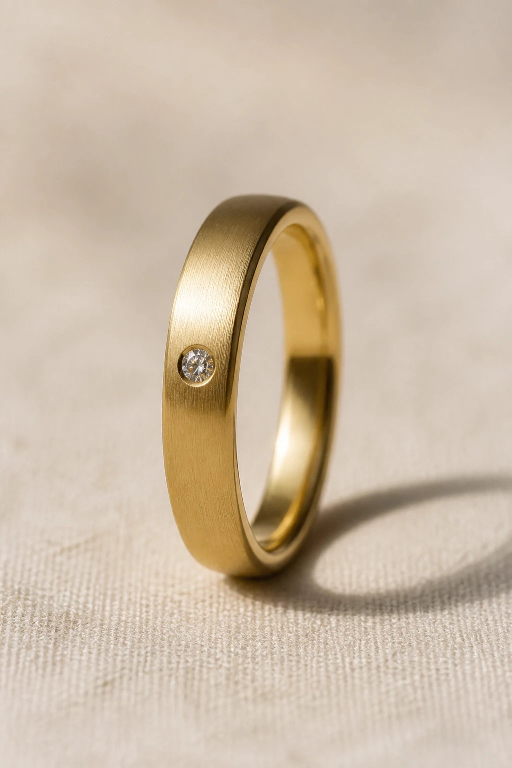 Macro de uma aliança de ouro fosco com um diamante solitário, sobre fundo off-white com sombra suave