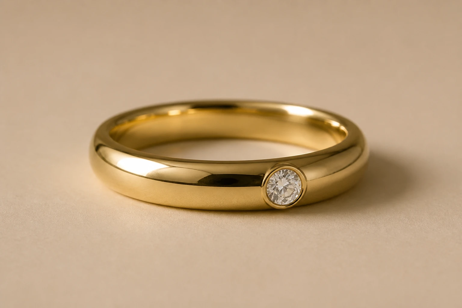 Aliança de ouro amarelo com diamante solitário lateral, fotografada em macro sobre fundo areia