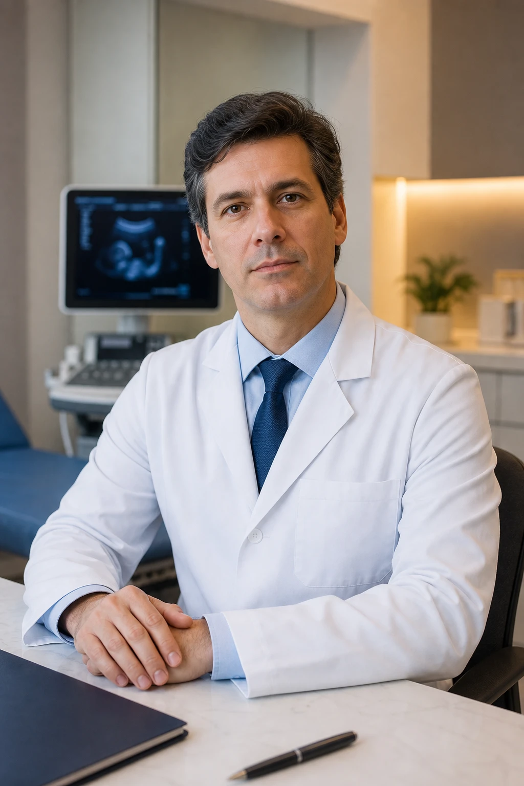 Dr. Rafael Tavares no consultório, com olhar acolhedor, durante uma conversa de acompanhamento