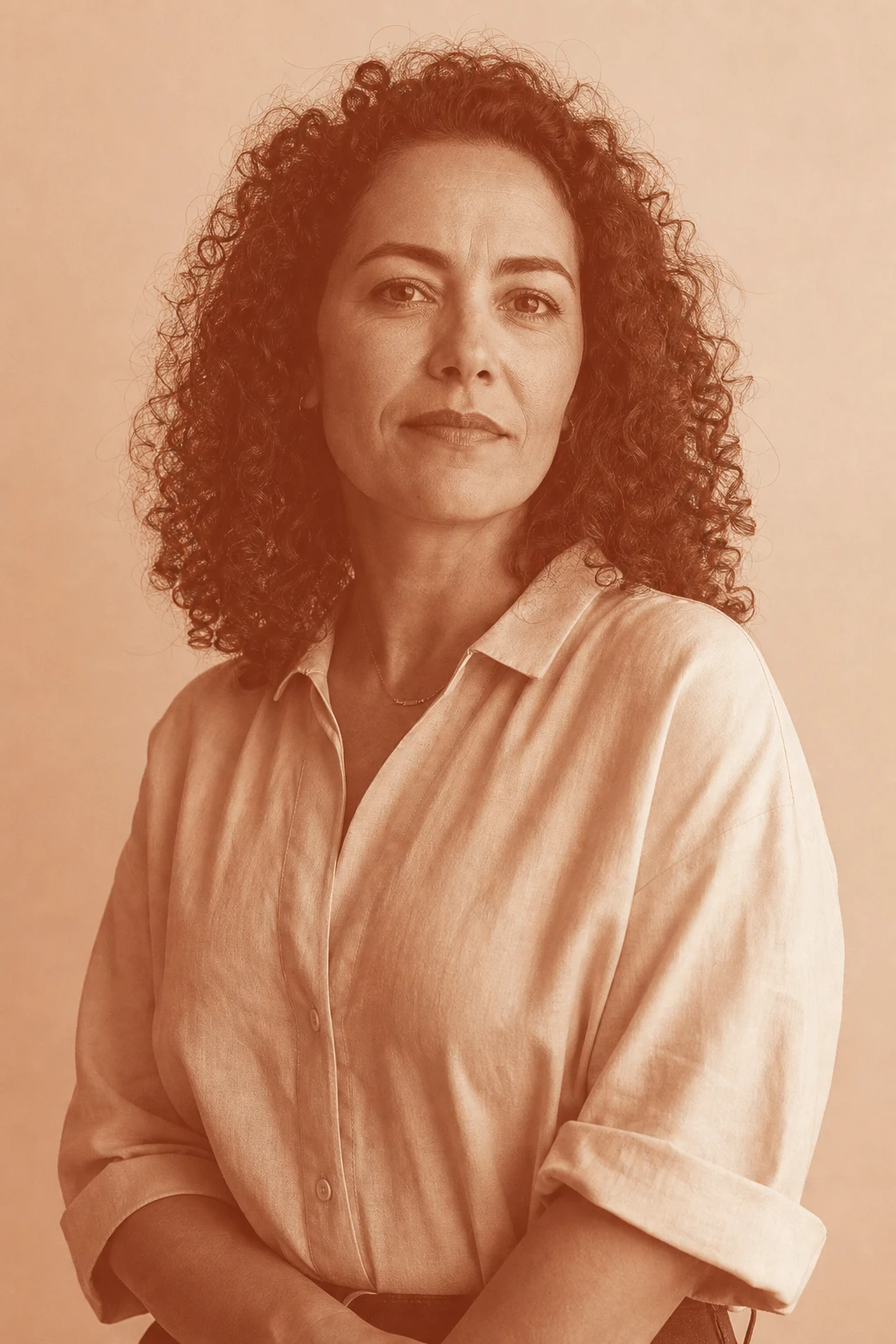 Retrato direto de Renata, mulher adulta olhando firme para a câmera, expressão de força serena, tratamento duotone terracota sobre creme