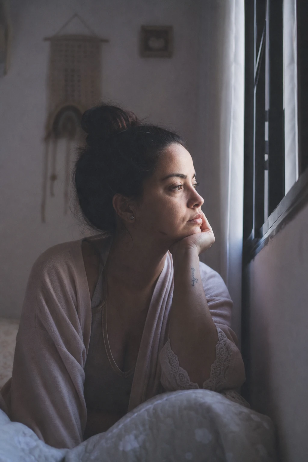 Uma mulher serena olhando por uma janela, em luz suave e granulada, com expressão tranquila e humana — você, do seu jeito