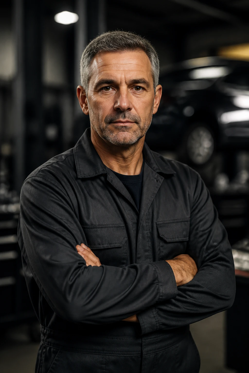 Retrato de mecânico homem de meia-idade, uniforme escuro, olhar sério e confiante, oficina de fundo desfocado em tom escuro