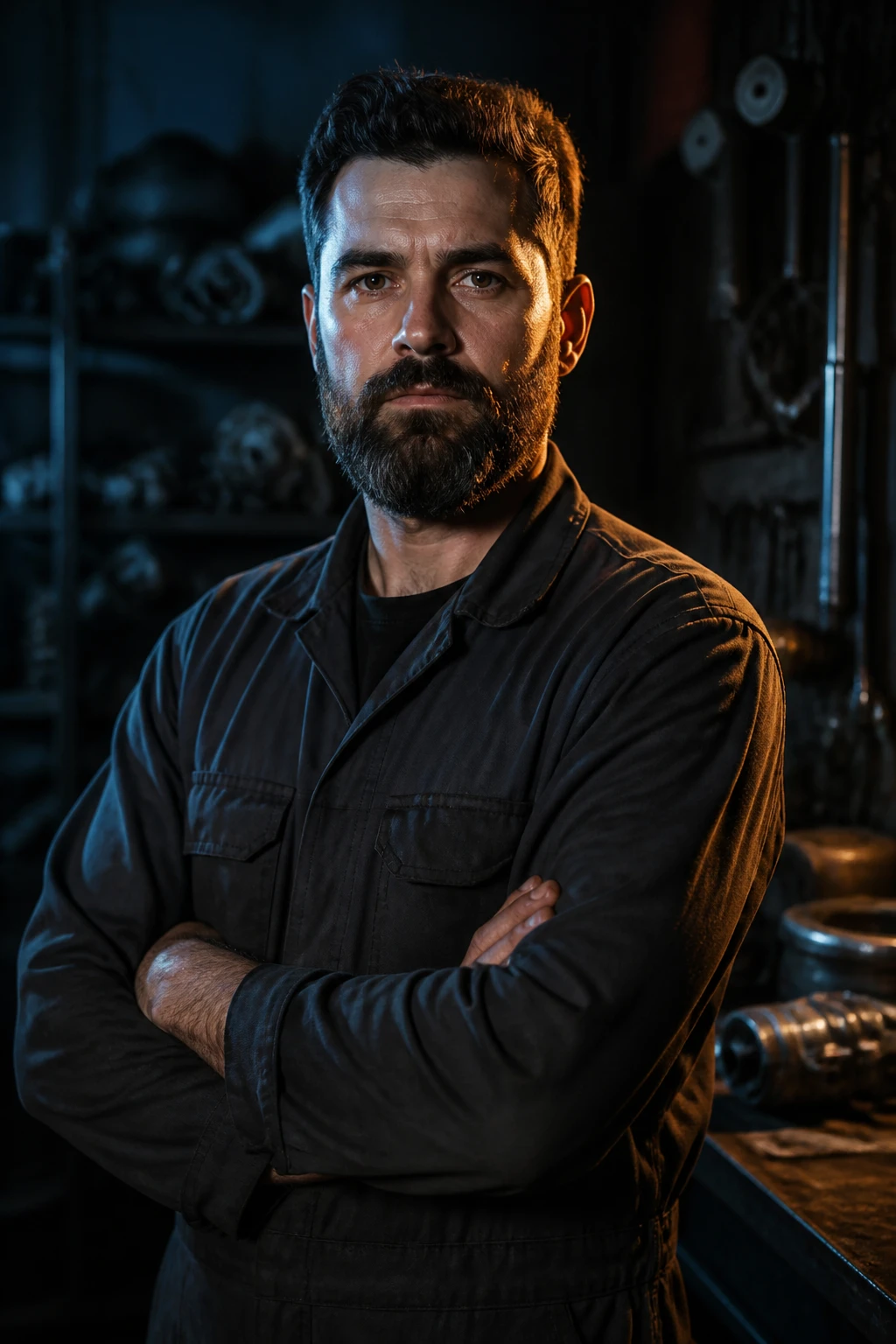 Retrato de mecânico de barba, braços cruzados, uniforme grafite, fundo de oficina escura com peças metálicas, realce âmbar