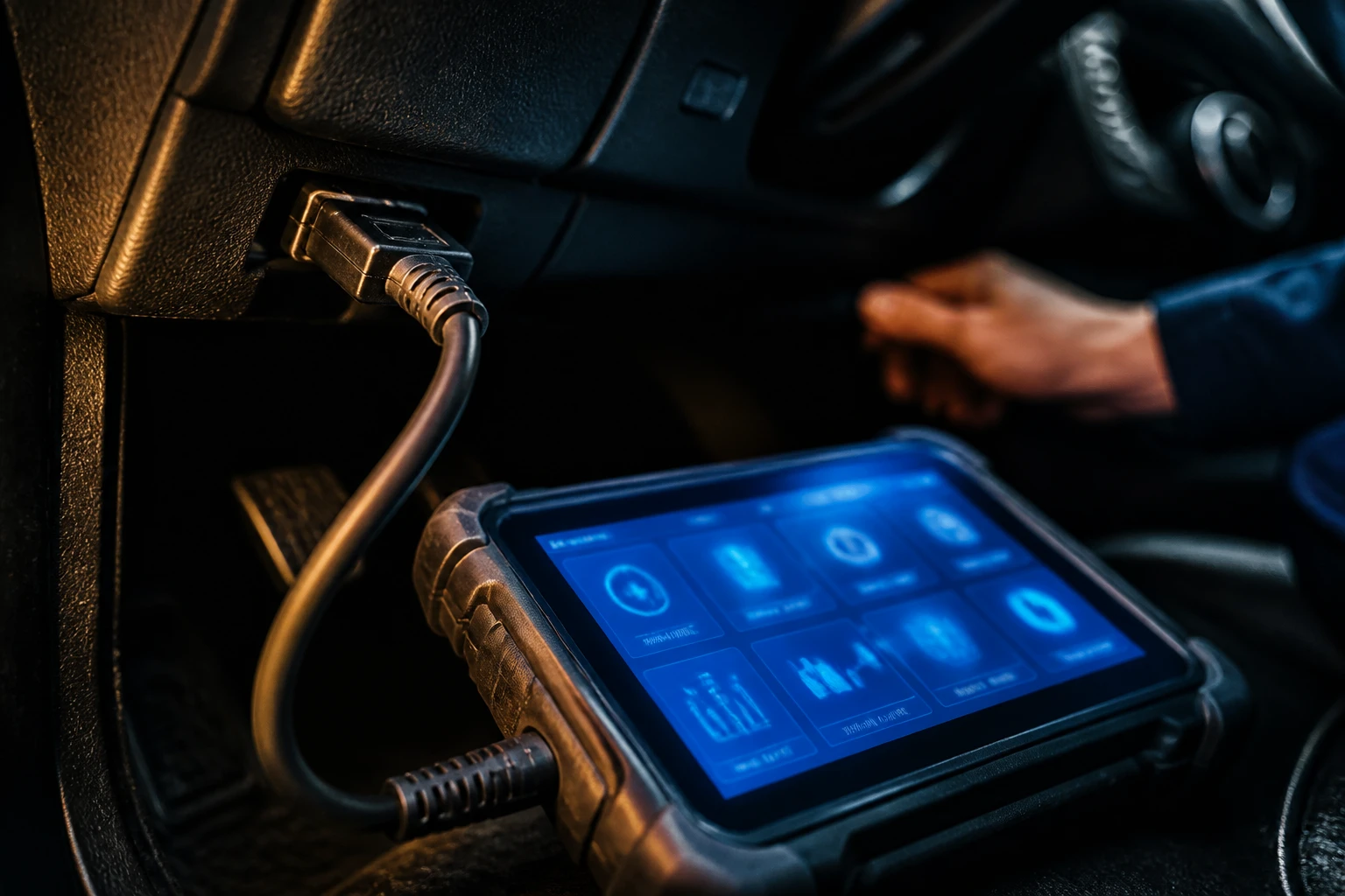 Scanner OBD profissional plugado na porta de diagnóstico de um carro, tela com leitura técnica, iluminação azul-elétrica
