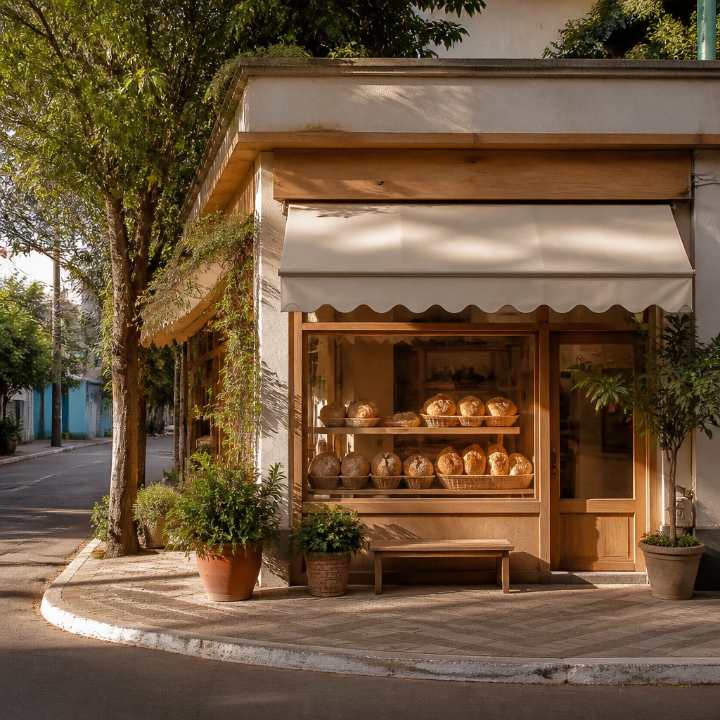 Fachada de padaria de bairro numa esquina arborizada, vitrine de madeira com cestas de pão à mostra e toldo simples, sob a luz suave do início da manhã