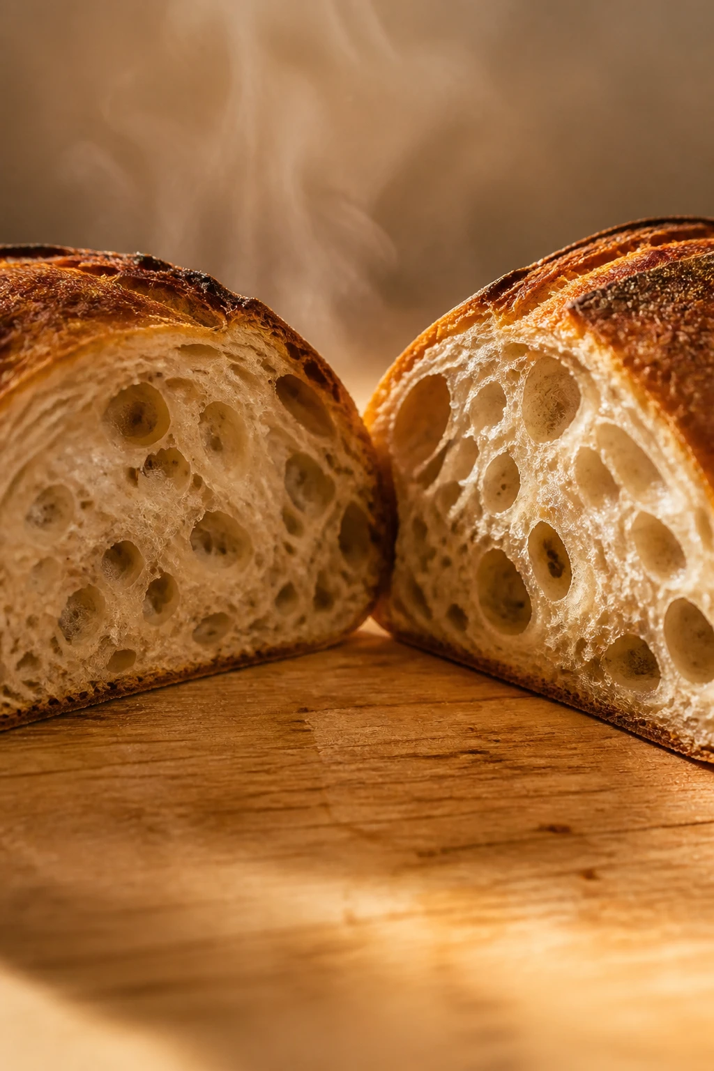 Pão de fermentação natural recém-saído do forno, partido ao meio mostrando a crosta dourada e escura e o miolo alveolado, com vapor quente subindo na luz do amanhecer
