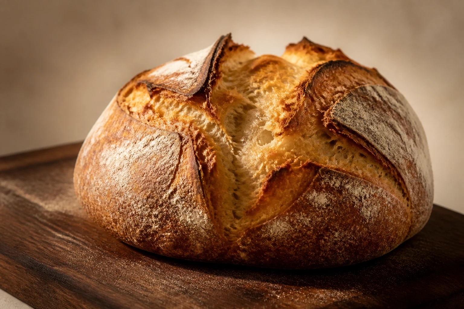 Pão campanha de fermentação natural, grande e redondo, com crosta dourada bem assada e cortes que abriram no forno, sobre tábua de madeira escura