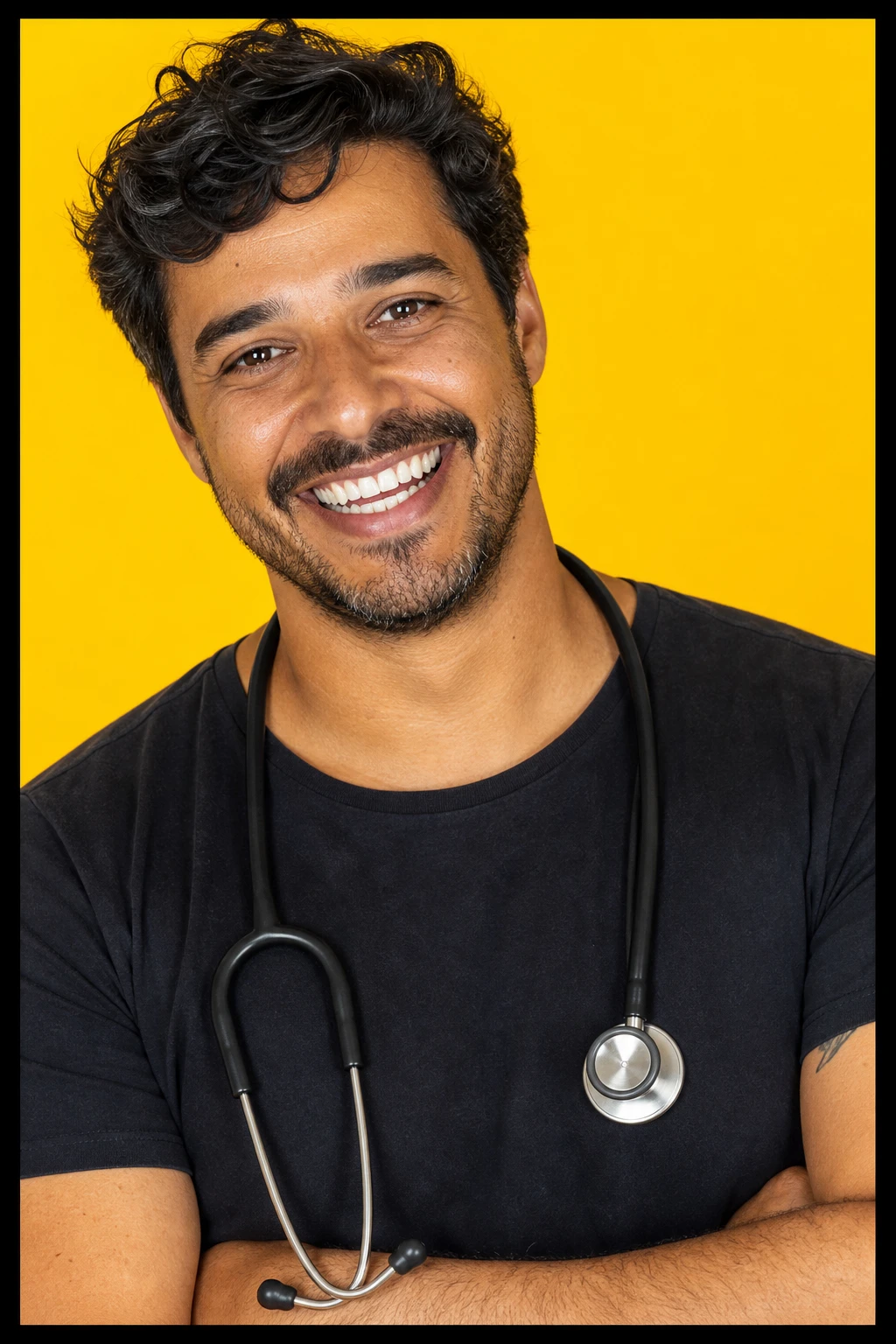 Dr. Rafael Pignataro, médico hebiatra, descontraído sem jaleco rígido, sorrindo em ambiente claro com recorte geométrico e borda preta