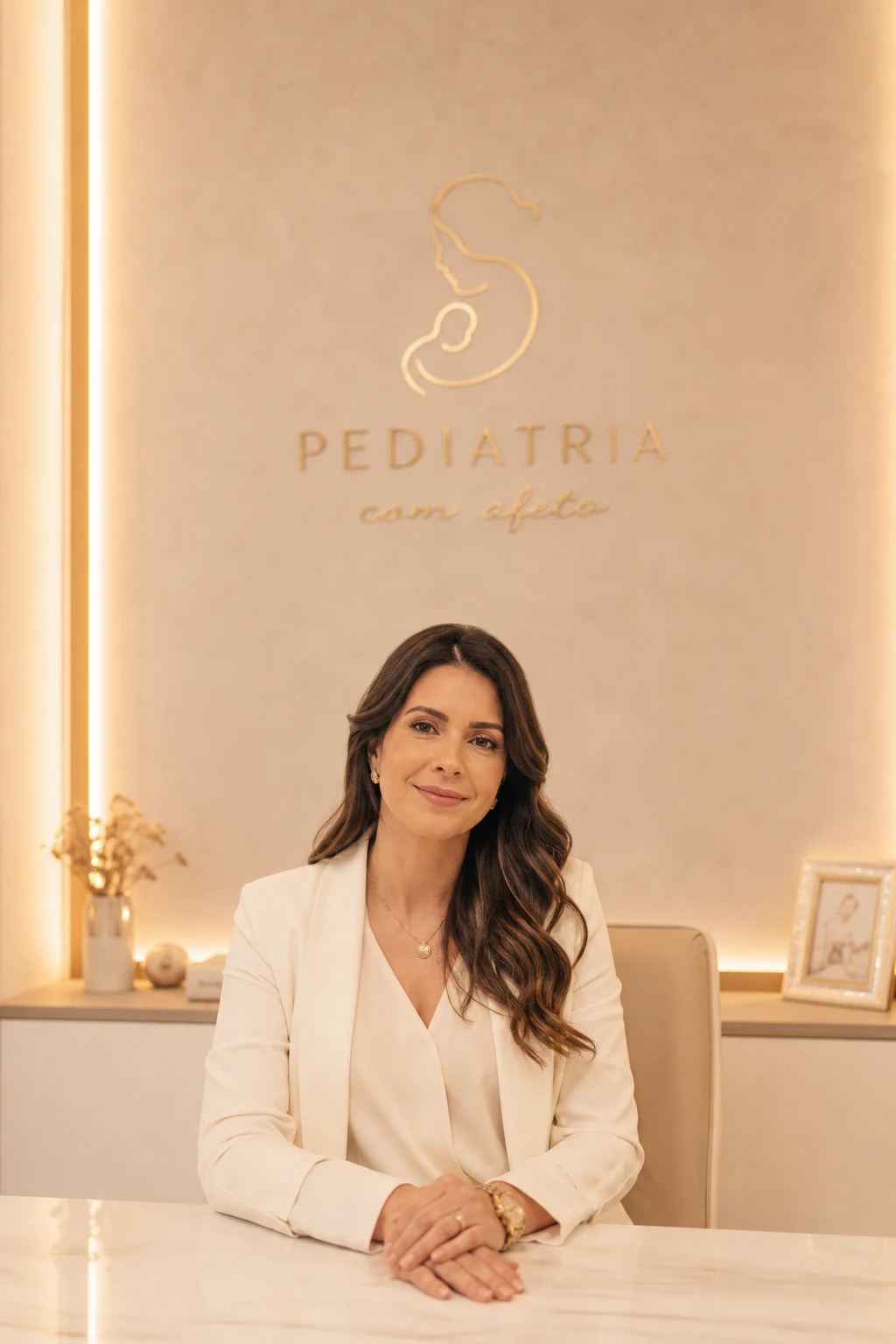 Retrato sereno e elegante da Dra. Marina Bittencourt, em luz natural quente e fundo neutro