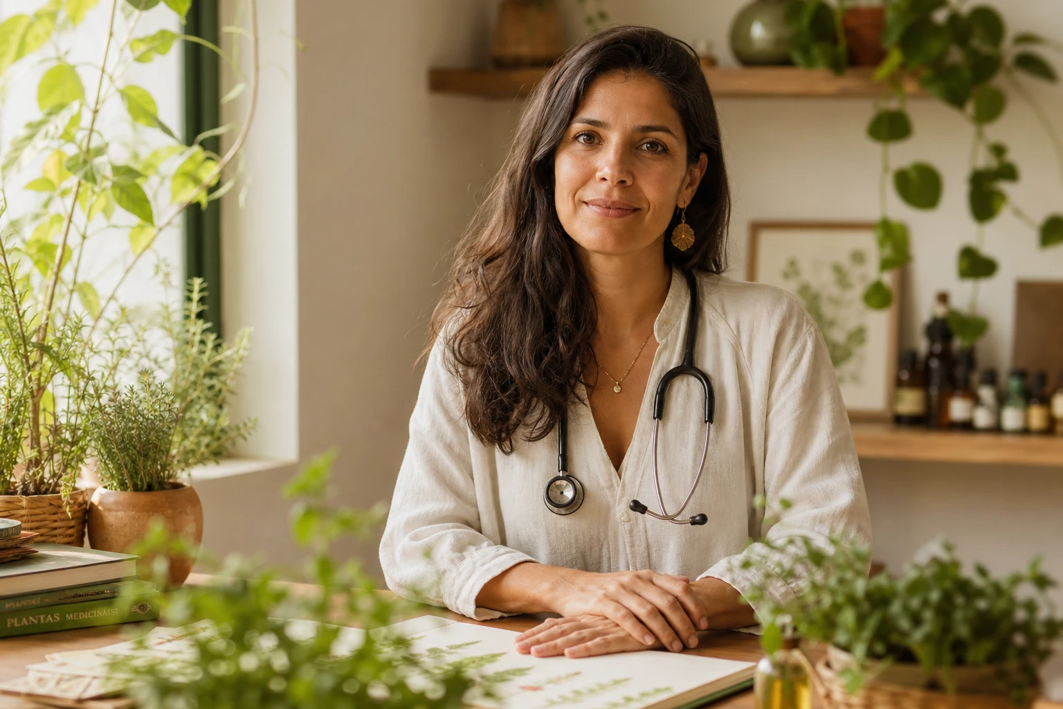 Dra. Valentina, pediatra, sentada junto a uma criança perto de uma janela com luz natural e plantas no parapeito, em ambiente acolhedor de consultório-jardim