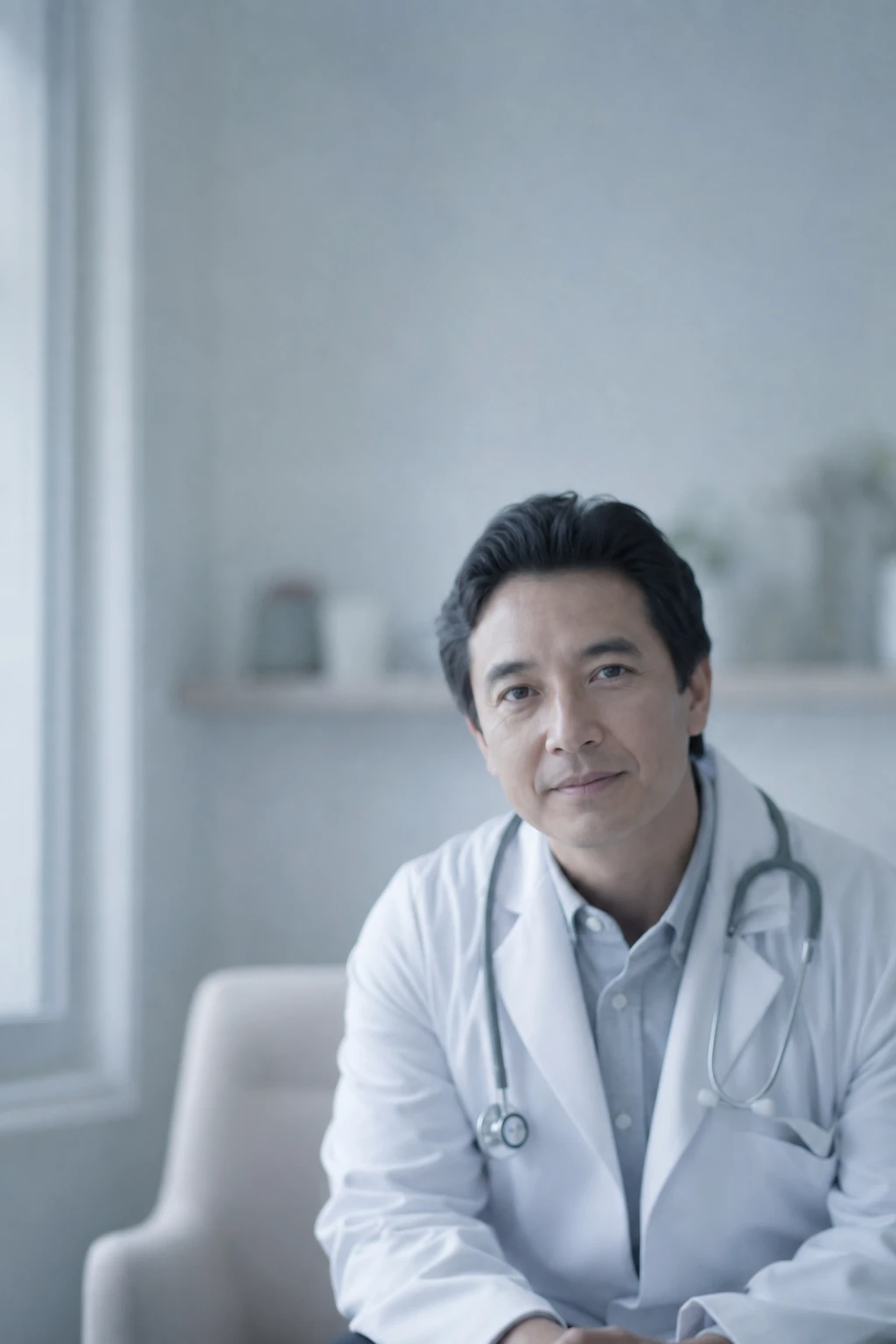 Dr. Eduardo Nakamura, sereno, em ambiente claro e silencioso, levemente desfocado ao fundo