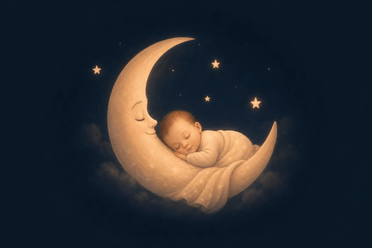 Ilustração suave de uma lua crescente serena, em azul-noite, acolhendo no colo um bebê adormecido e tranquilo.
