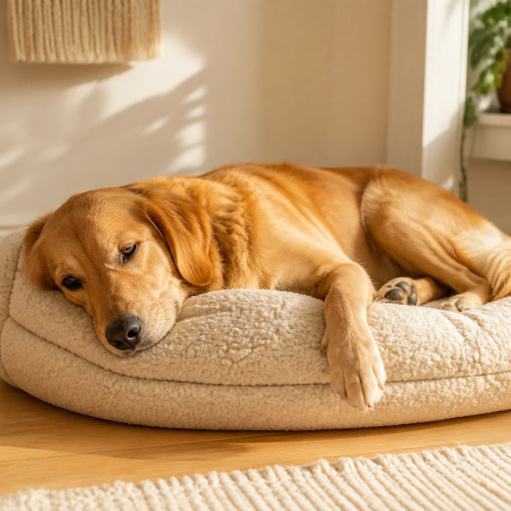 Cão deitado e relaxado sobre uma caminha macia depois de brincar, olhos sonolentos, luz quente e suave do fim da tarde