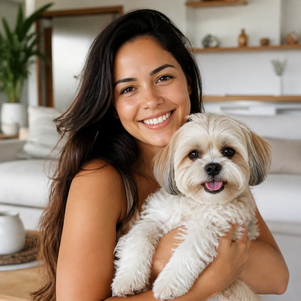 Retrato de uma tutora sorridente segurando sua cachorra pequena no colo, ambiente claro