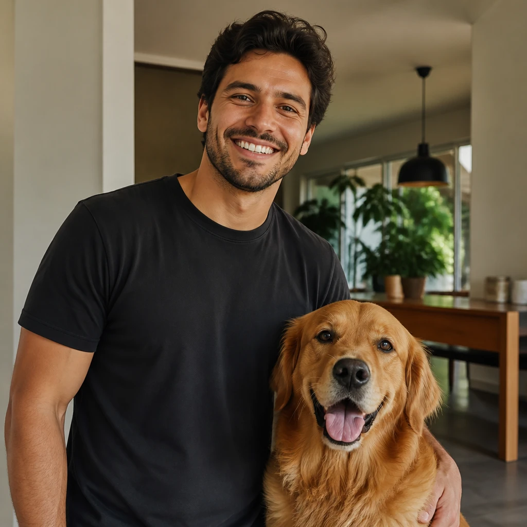 Retrato de um tutor sorridente ao lado de seu cão de grande porte, em casa, luz natural