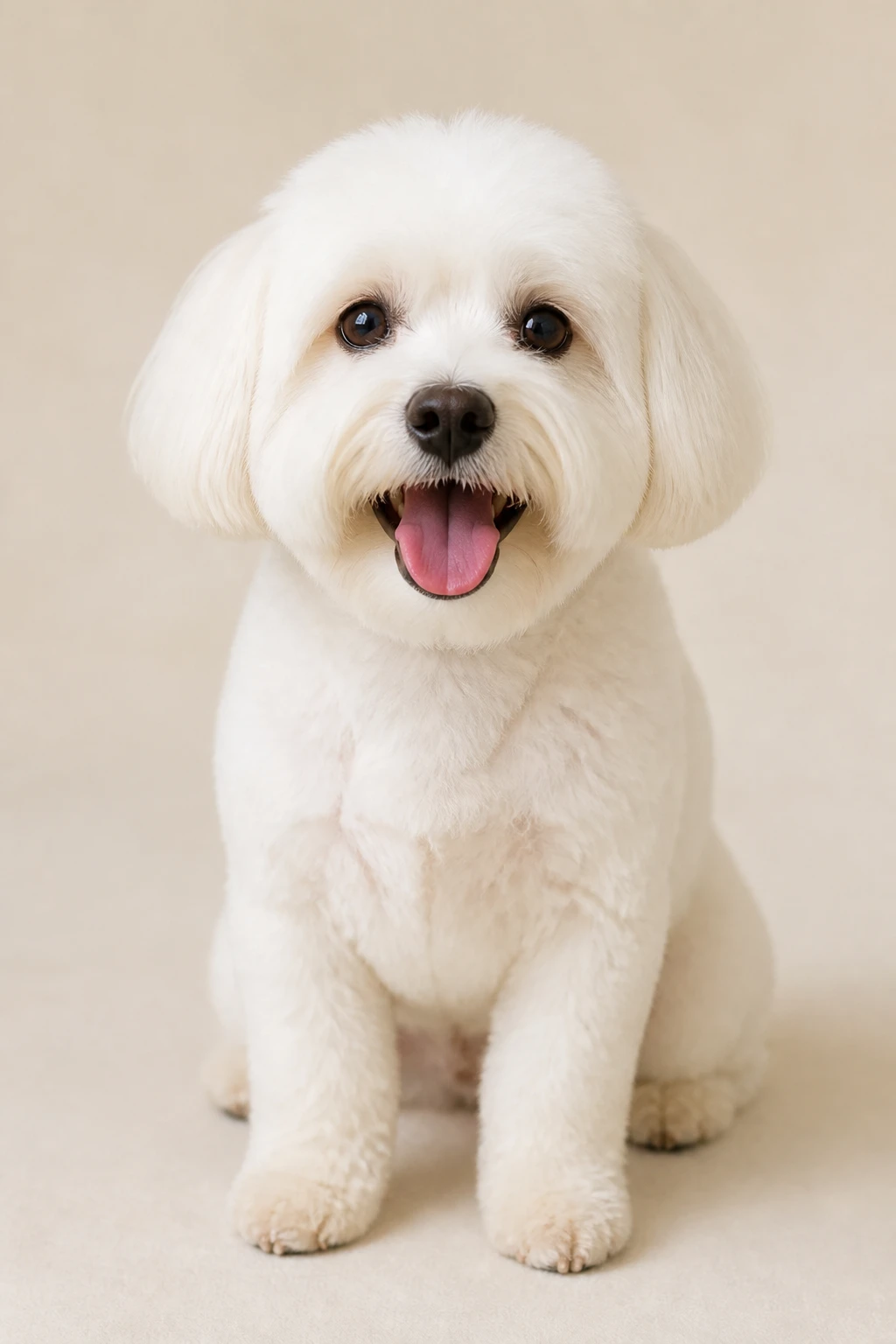 Cão de pelo branco e fofo recém-tosado olhando feliz para a câmera, língua de fora, em fundo creme suave