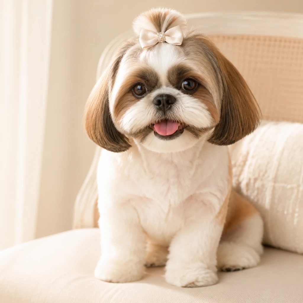 Cachorro pequeno de raça shih-tzu com lacinho discreto e pelo bem aparado, sorrindo para a câmera