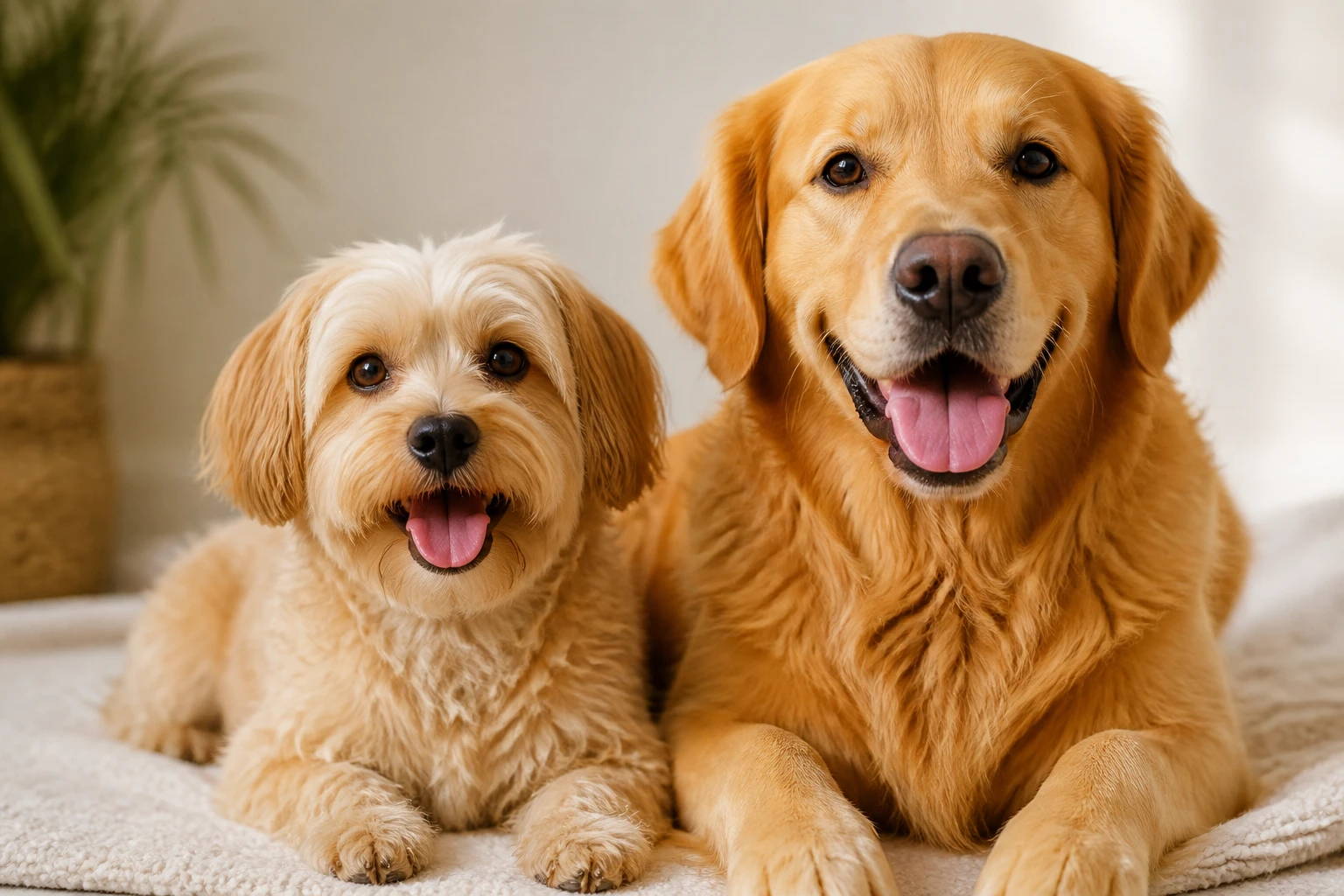 Dois cães de portes diferentes lado a lado, ambos recém-banhados e felizes, pelo brilhante sob luz natural quente