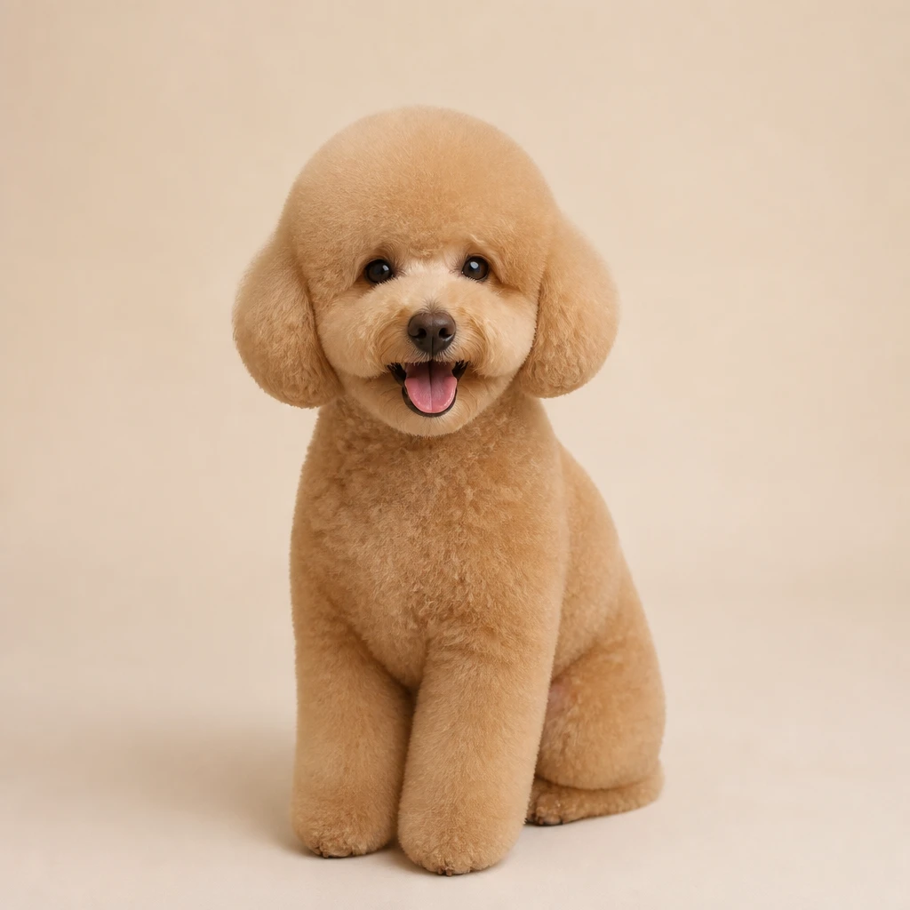 Cão de raça poodle com tosa redonda impecável, expressão alegre, sentado sobre fundo creme