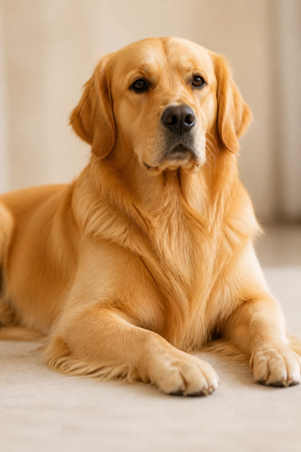 Cachorro grande de pelo dourado e brilhante, recém-cuidado, deitado relaxado com expressão serena, luz suave