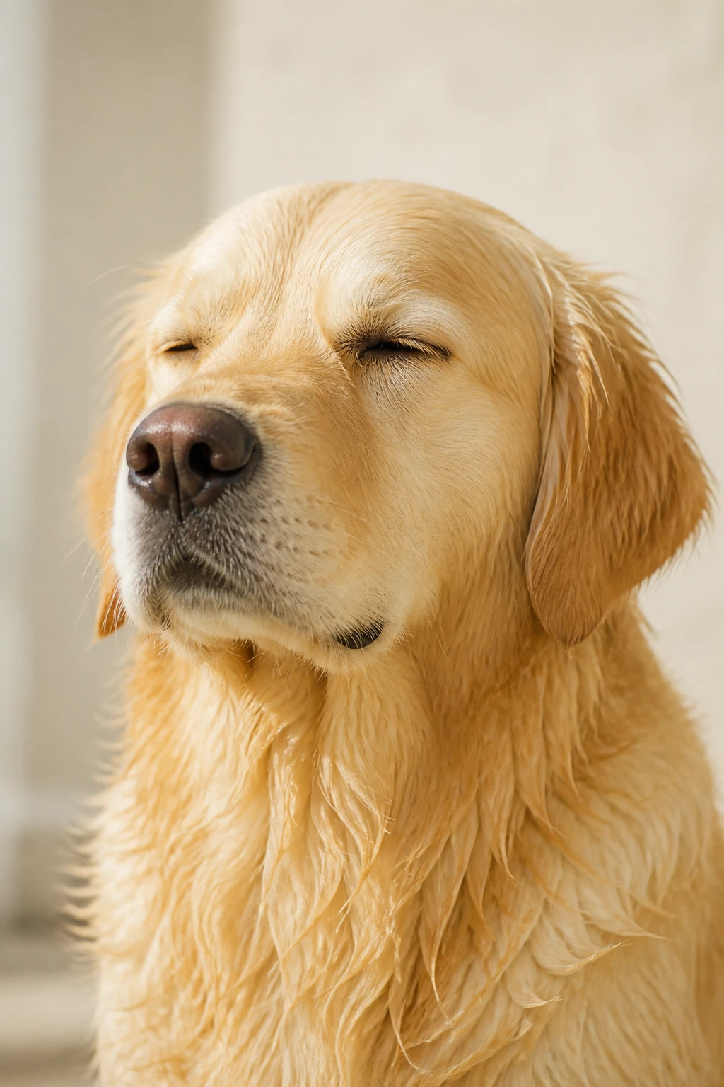 Close de um cão golden retriever de olhos meio fechados e expressão tranquila, recém-banhado, com pelo claro e brilhante, sob luz natural suave
