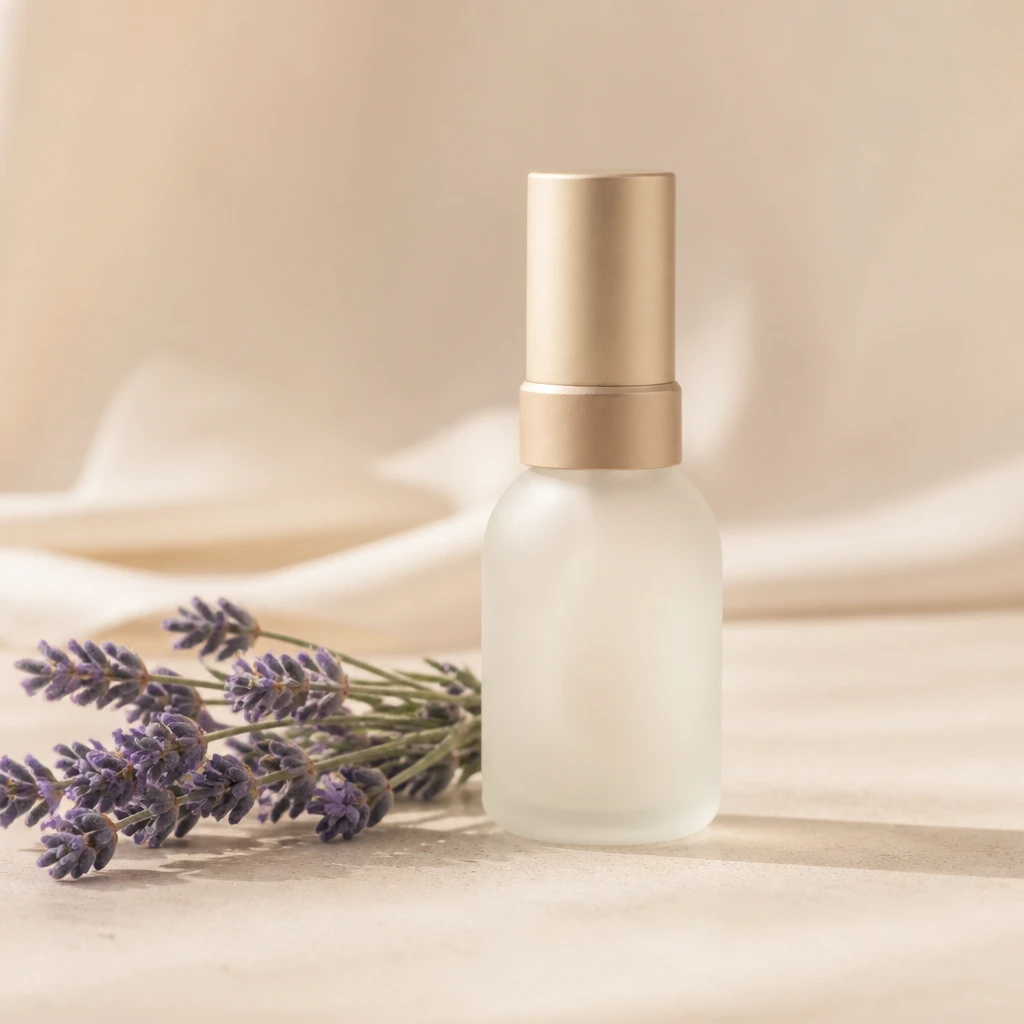 Frasco pequeno de colônia suave para pets sobre fundo creme, com flor de lavanda ao lado, luz natural delicada