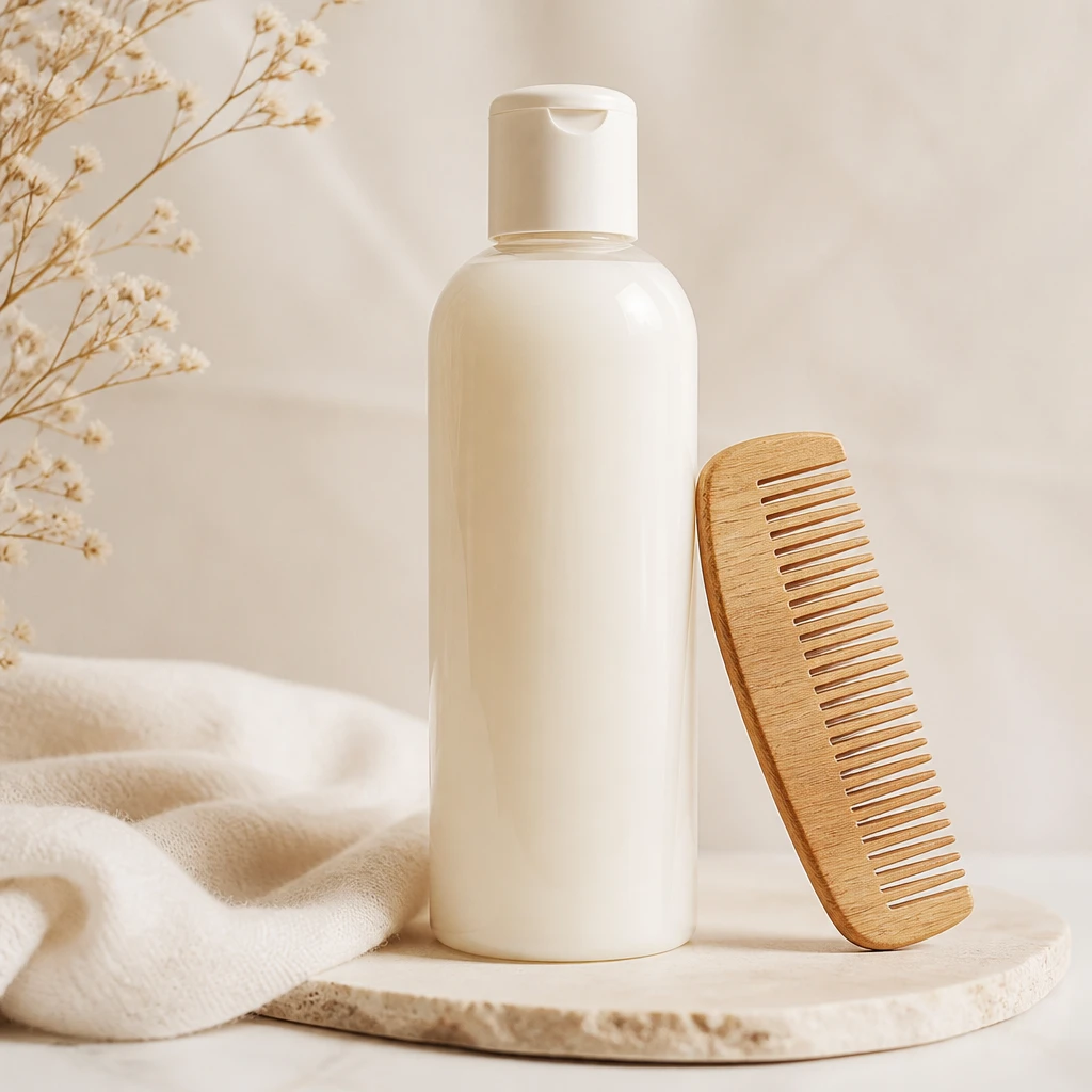 Frasco de condicionador natural para pets sobre fundo creme, ao lado de um pente de madeira, embalagem suave e elegante