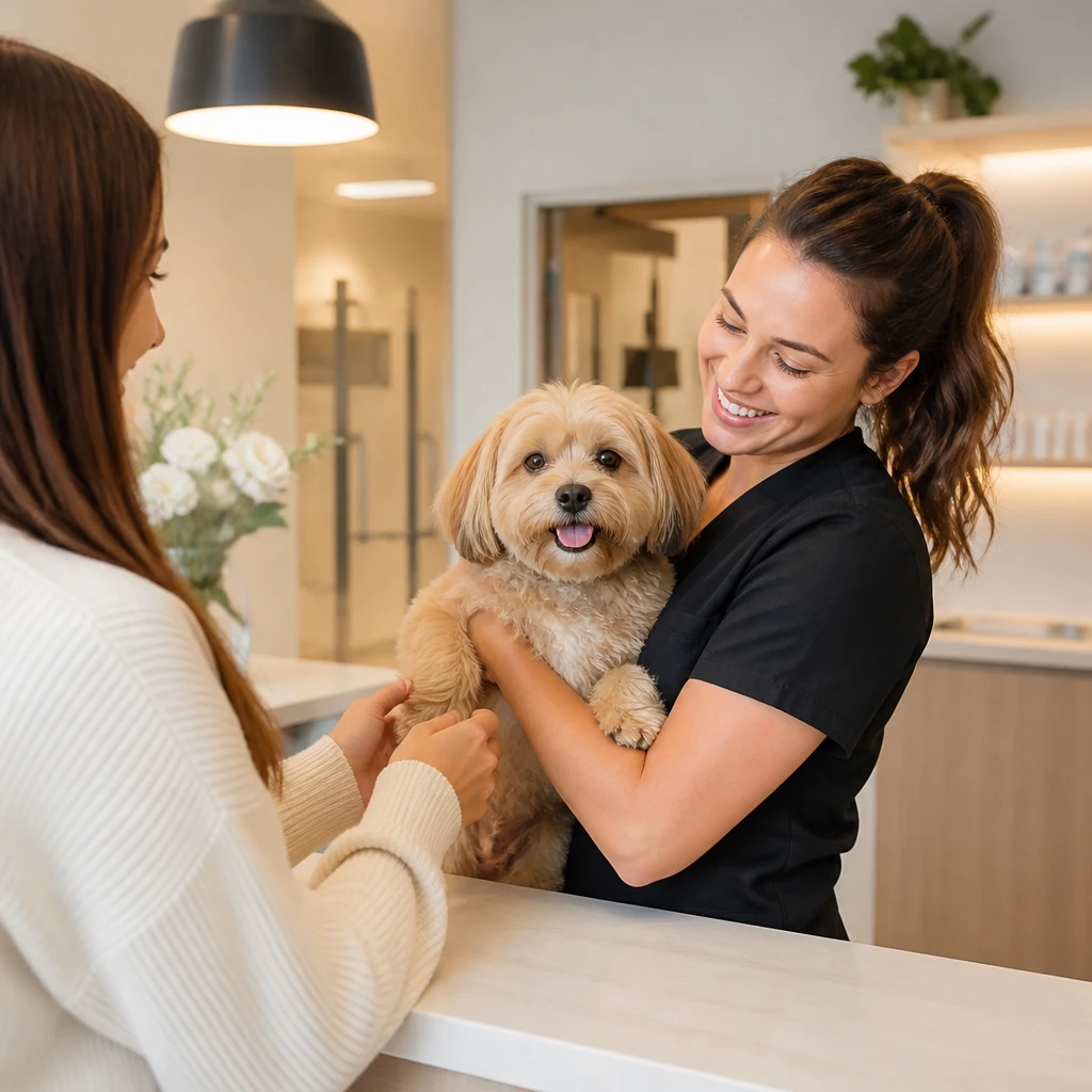 Cão pequeno sendo recebido no colo por uma profissional sorridente na recepção clara de um pet shop, ambiente acolhedor e calmo