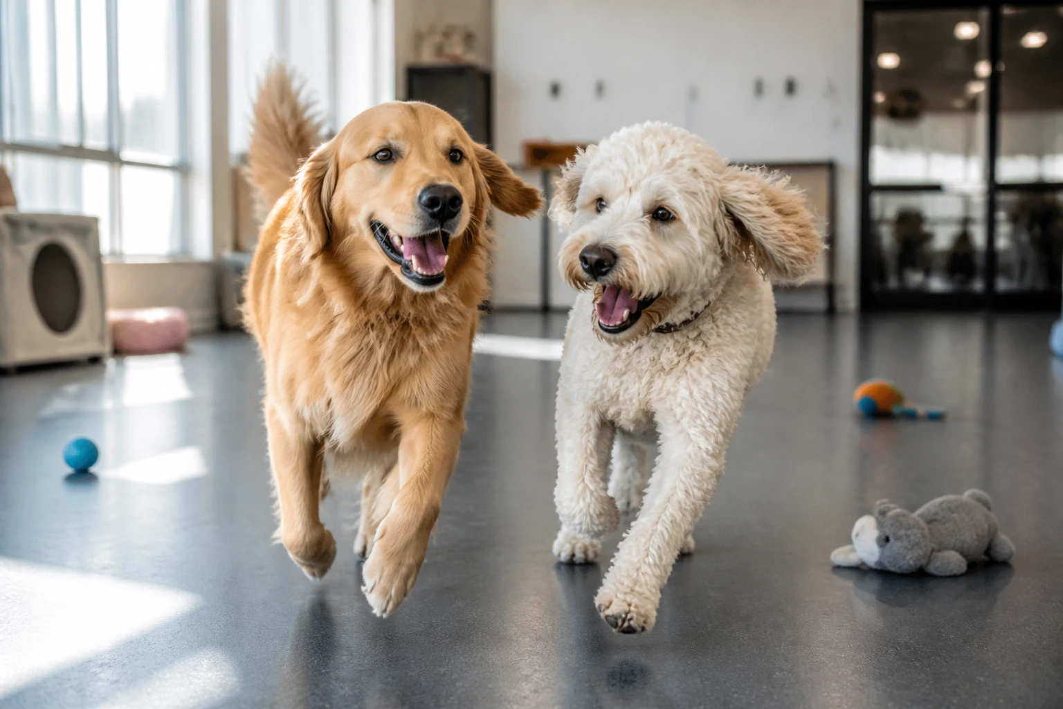 Dois cães brincando juntos num espaço amplo e iluminado de day care, expressão alegre e movimento, piso seguro e brinquedos ao fundo