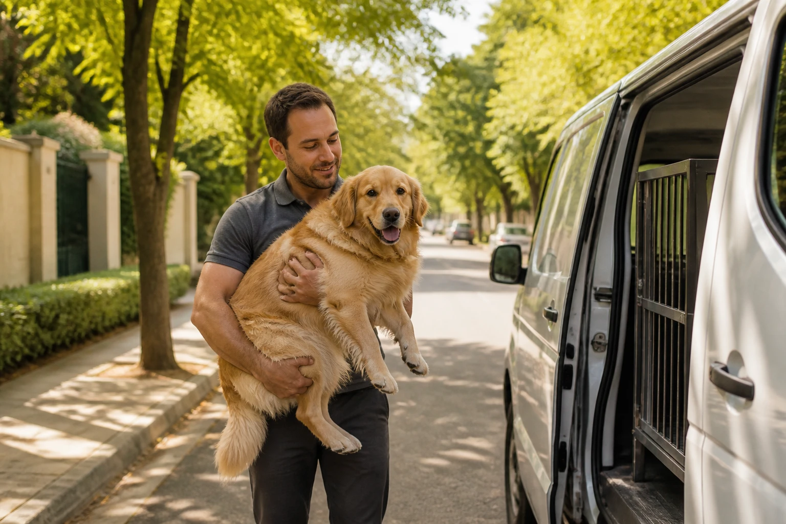 Profissional carregando com cuidado um cão dócil até uma van clara de transporte de pets, em rua arborizada, dia ensolarado