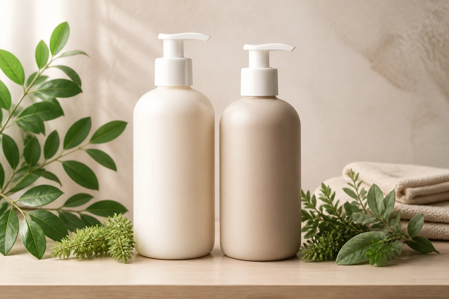 Frascos de shampoo e condicionador natural para pets sobre bancada de madeira clara, com folhagem verde ao lado, embalagens minimalistas