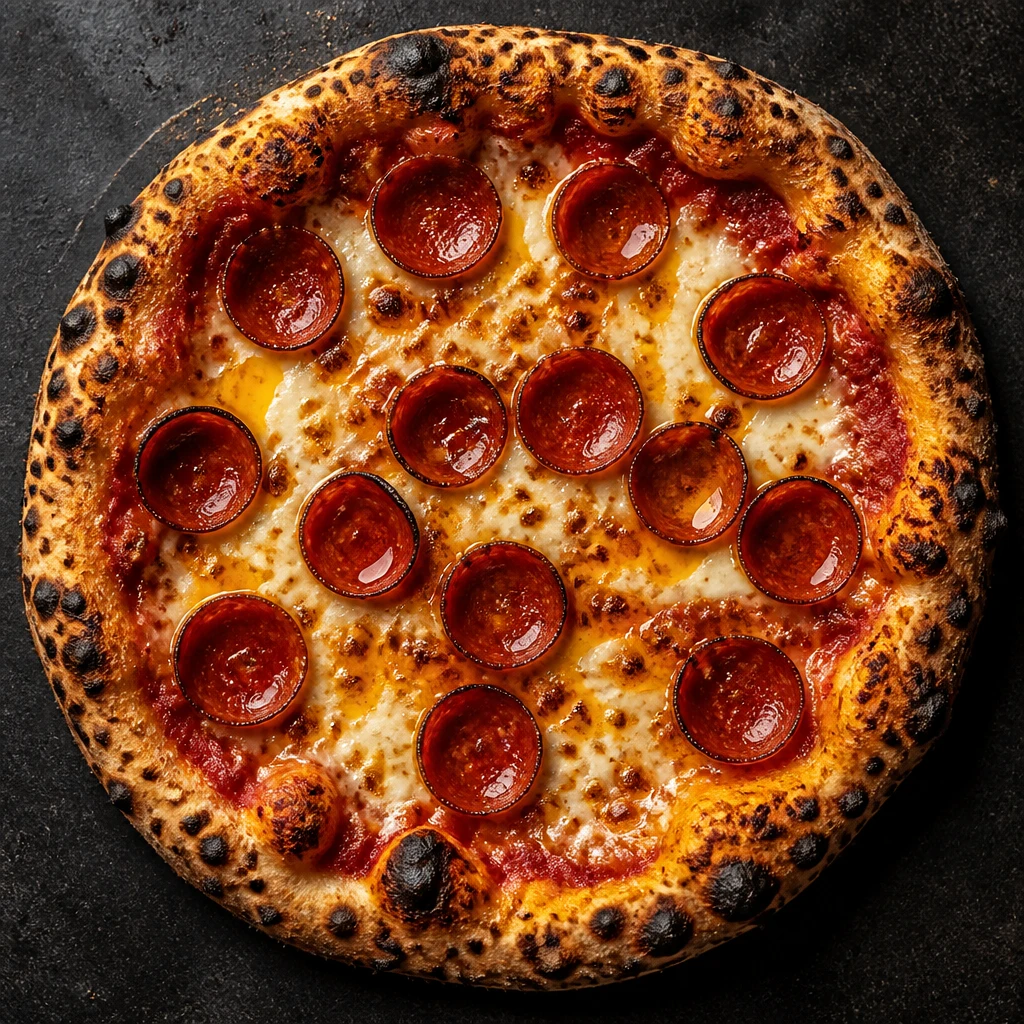 Pizza diavola vista de cima, salame picante levemente tostado, mussarela borbulhante e pingos de mel, sobre superfície escura