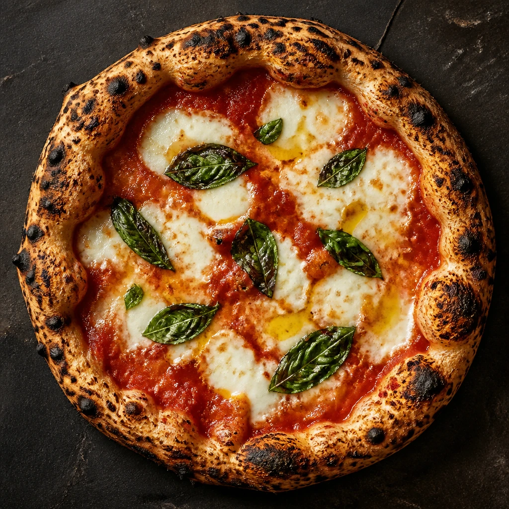 Pizza margherita vista de cima, tomate San Marzano, manchas de mussarela de búfala derretida, folhas de manjericão e um fio de azeite, sobre bancada de pedra escura