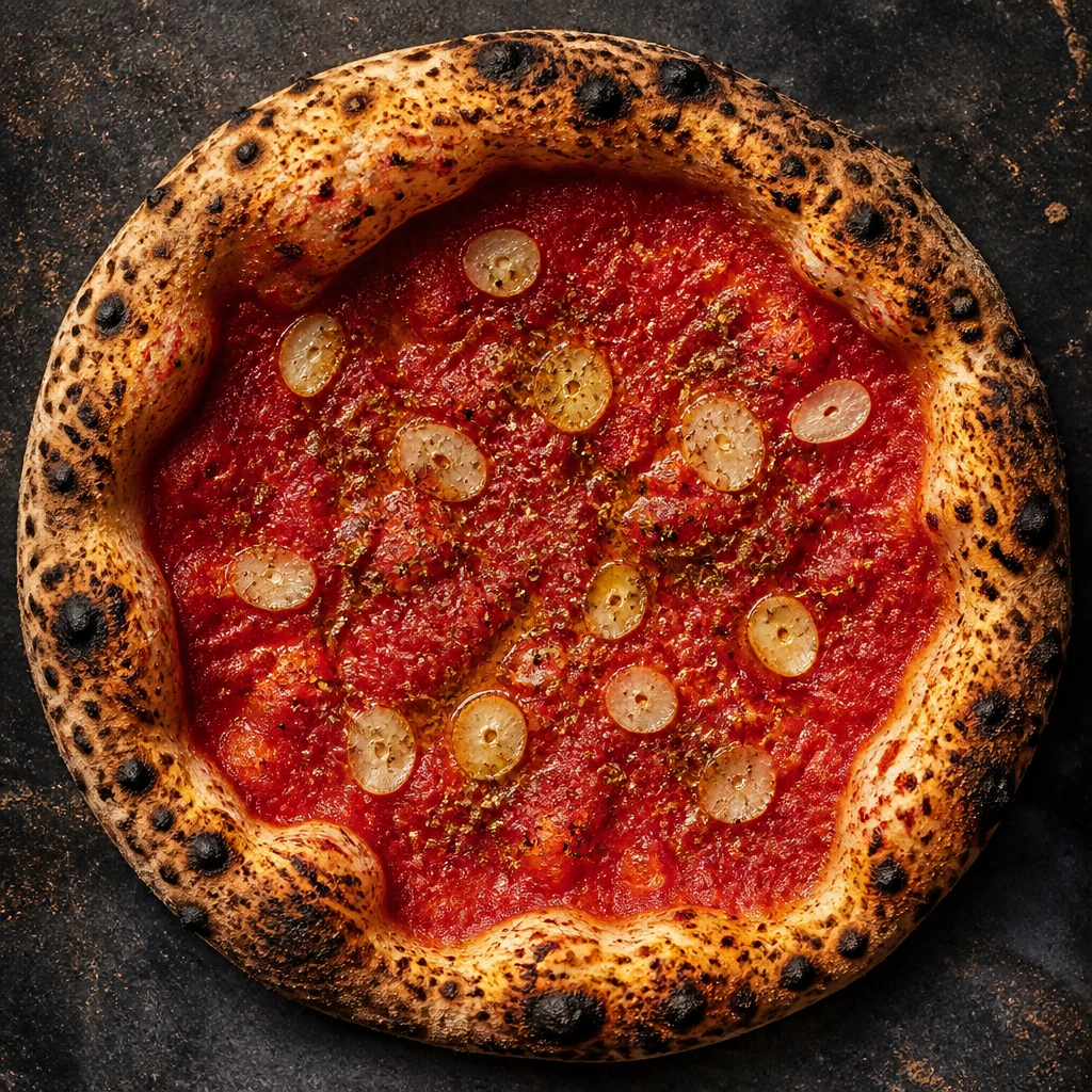 Pizza marinara vista de cima, base vermelha de tomate, alho fatiado, orégano e azeite, sem queijo, com borda inflada e manchada