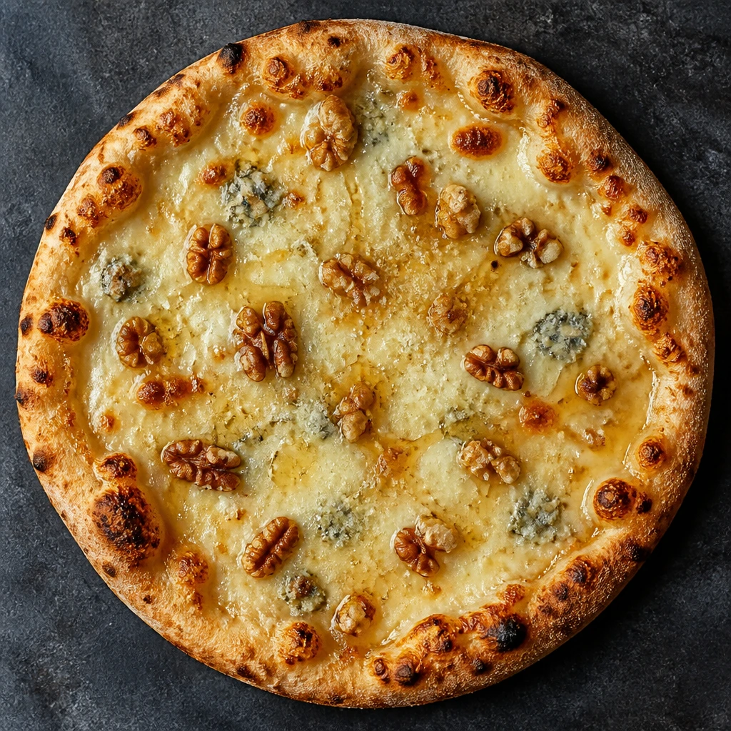 Pizza branca quatro queijos vista de cima, superfície dourada e derretida com gorgonzola, parmesão, fior di latte e provolone, manchas de tostado
