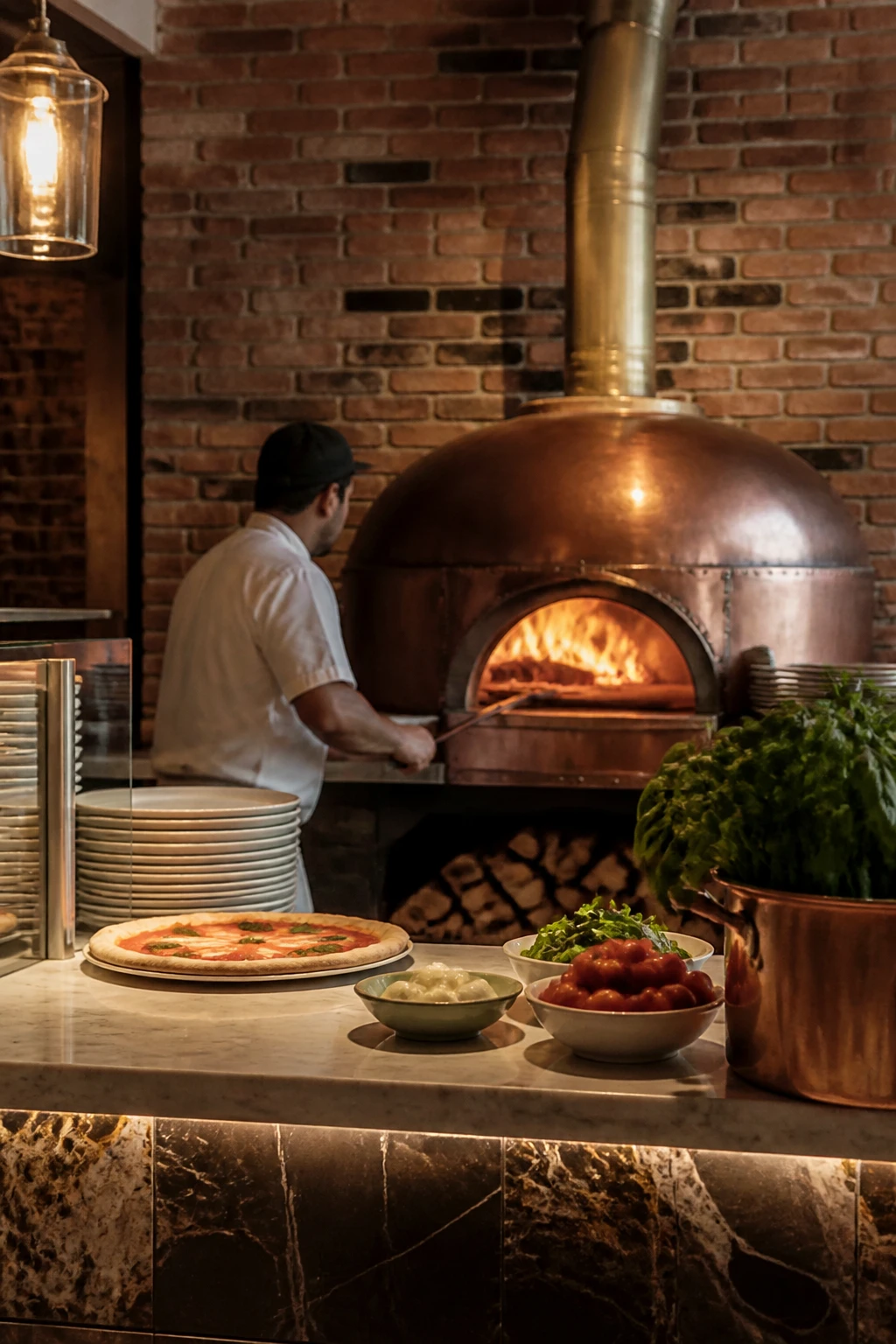 Balcão de pizzaria com o forno a lenha aceso ao fundo, pizzaiolo trabalhando, parede de tijolo aparente e luz âmbar