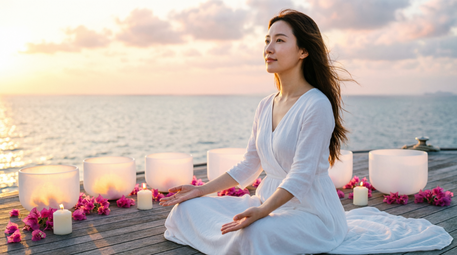 Terapeuta conduzindo sessão de Sound Healing com crystal bowls ao pôr do sol