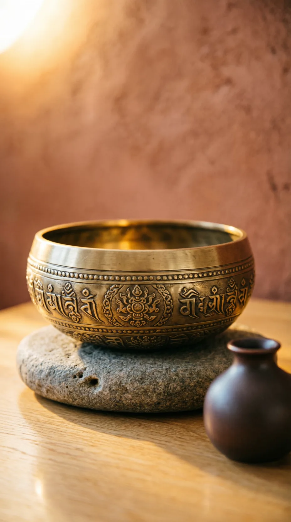 Bowl tibetano ornamentado em close-up