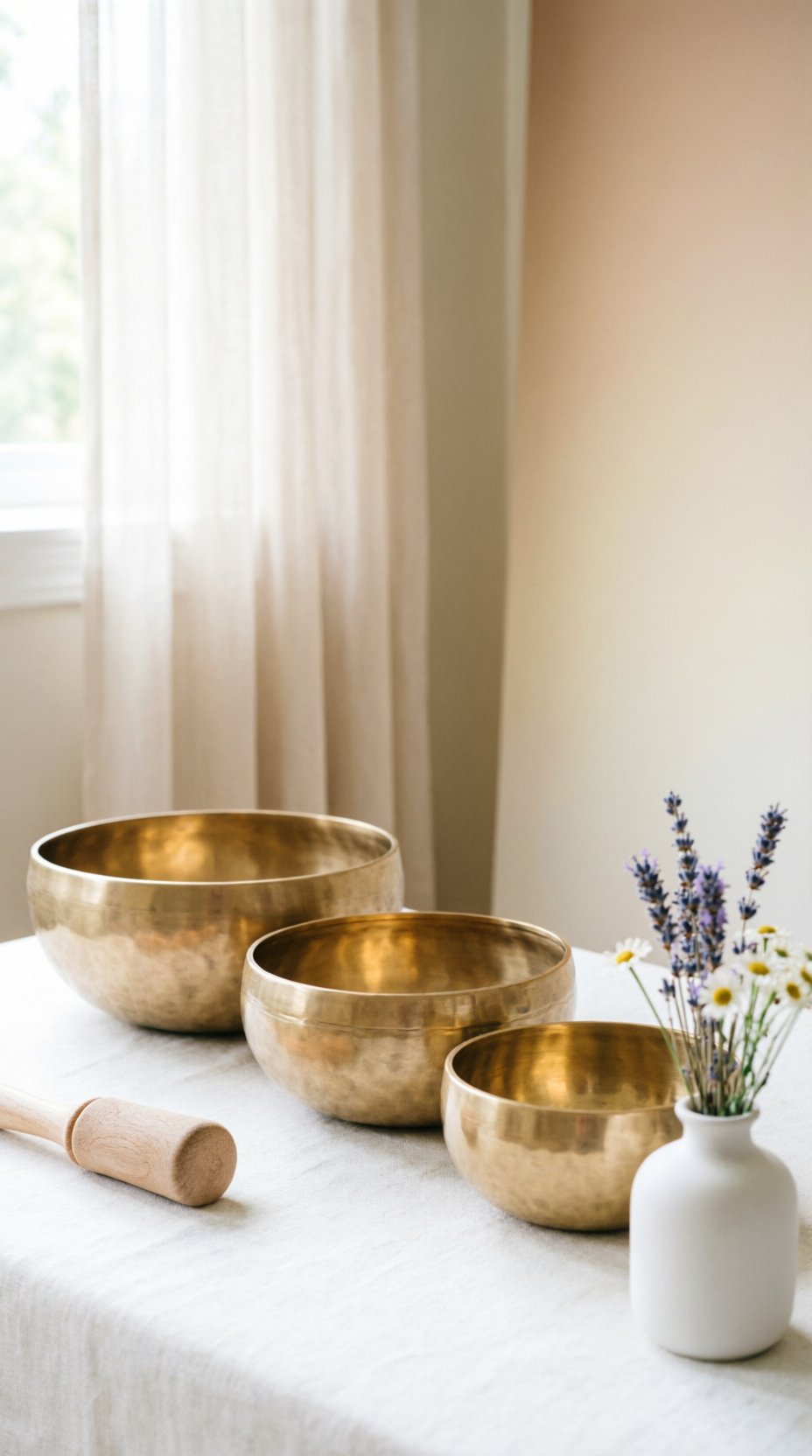 Tres bowls sobre linho branco