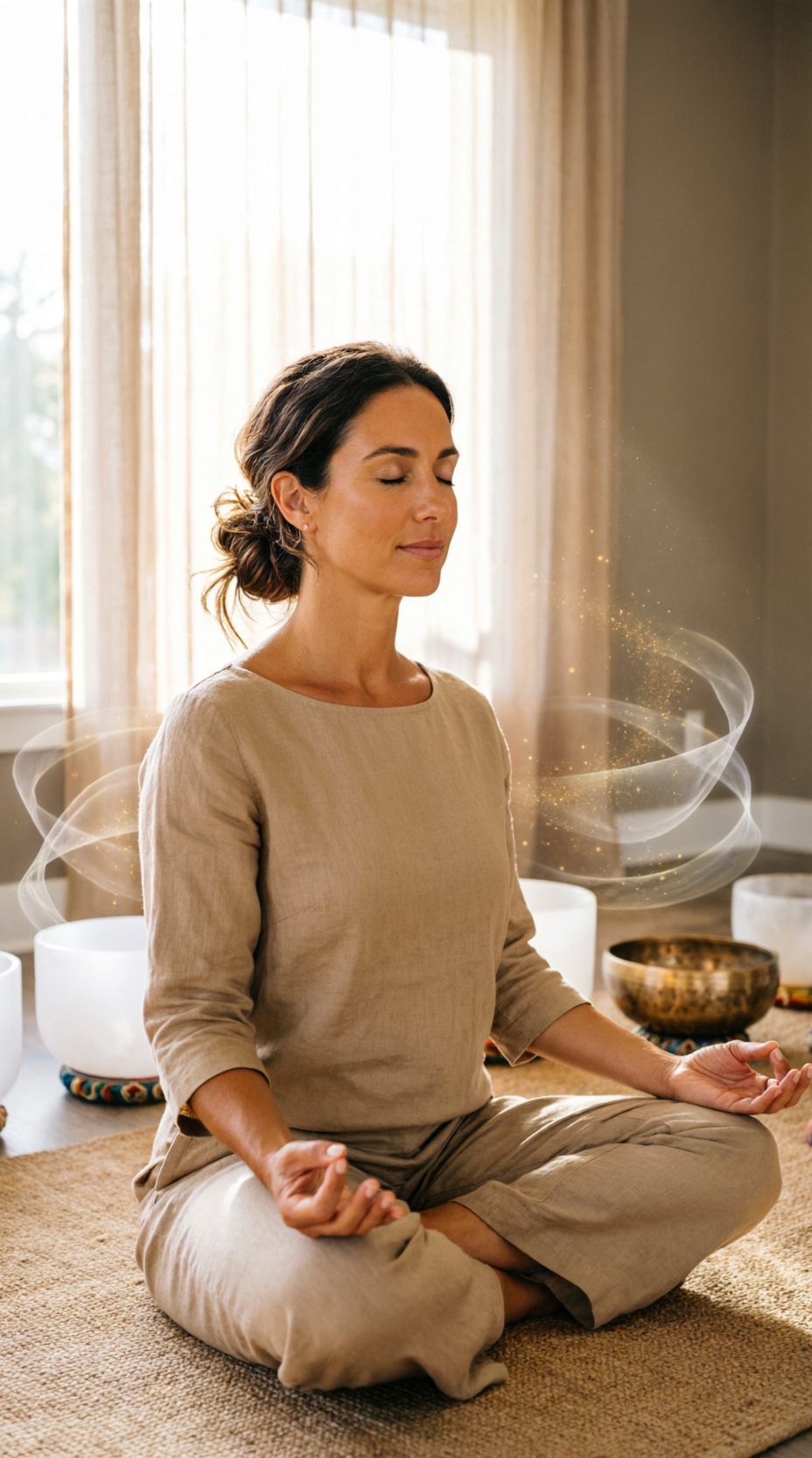 Mulher meditando com ondas sonoras em sala clara