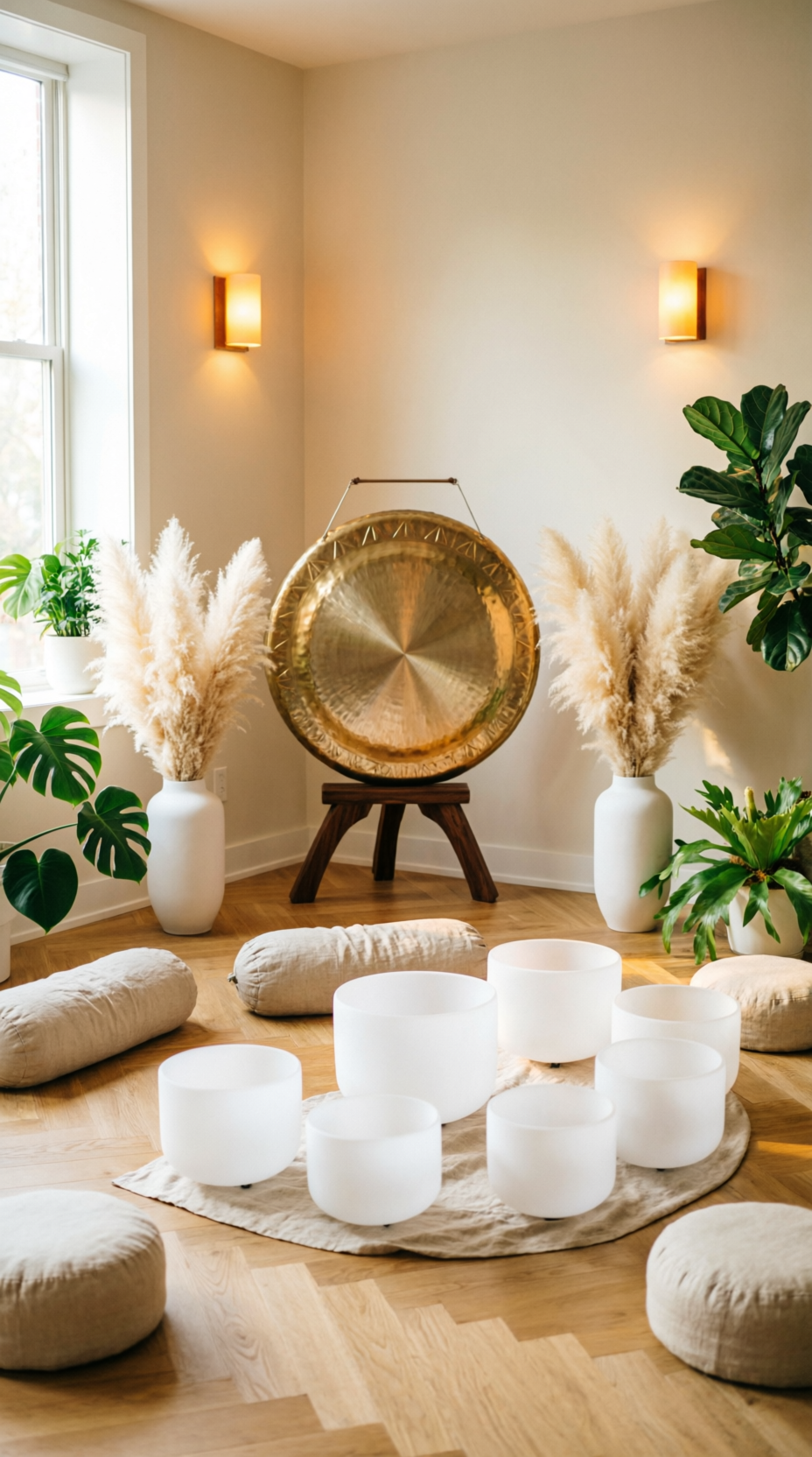 Sala de terapia com gong, crystal bowls e almofadas