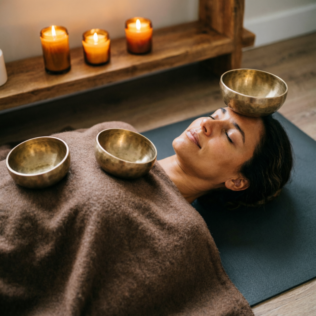 Mulher deitada recebendo terapia com bowls