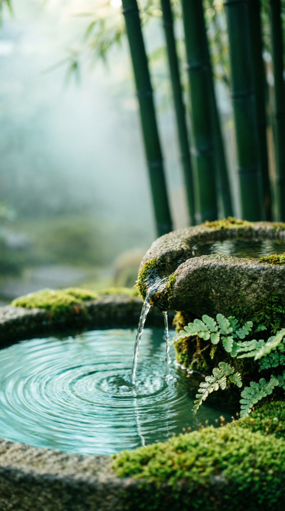 Fonte de pedra zen com água corrente e musgos