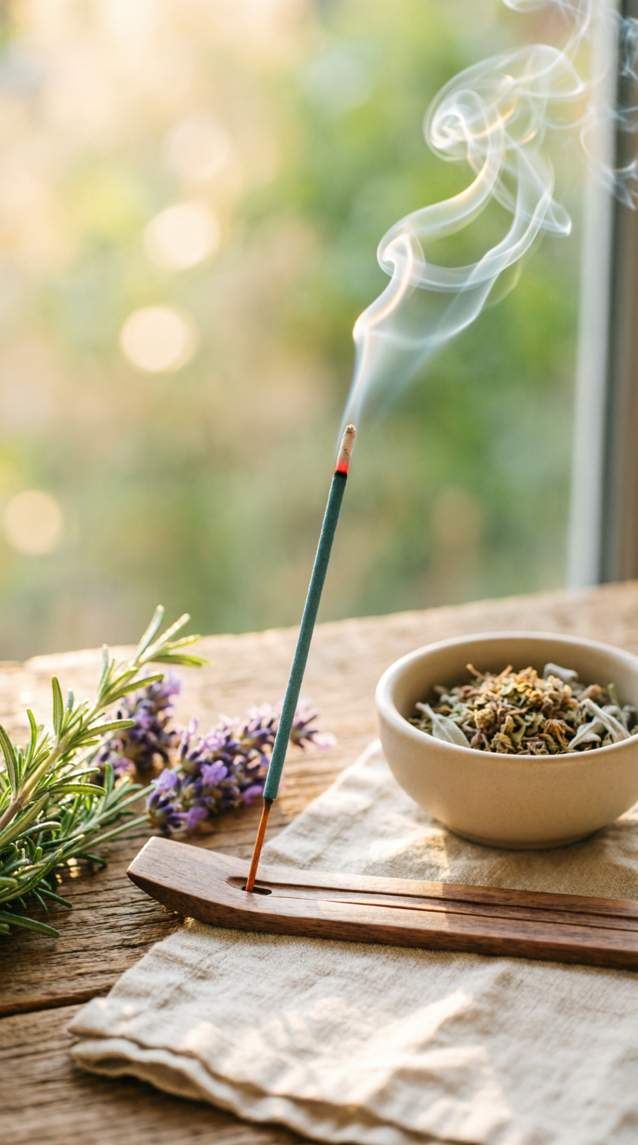 Incenso queimando com fumaça suave, cercado por ervas e madeira